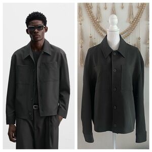 Zara mens boxy fir over shirt jacket dark grey green pocketed shacket NWT large